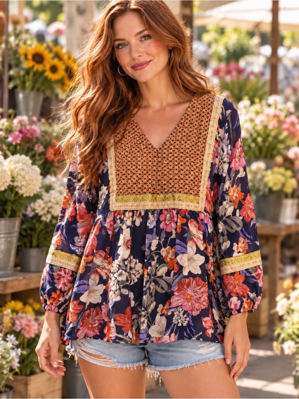 Boho Navy Floral Embroidered V-Neck Peasant Blouse Gold Ribbon Trim